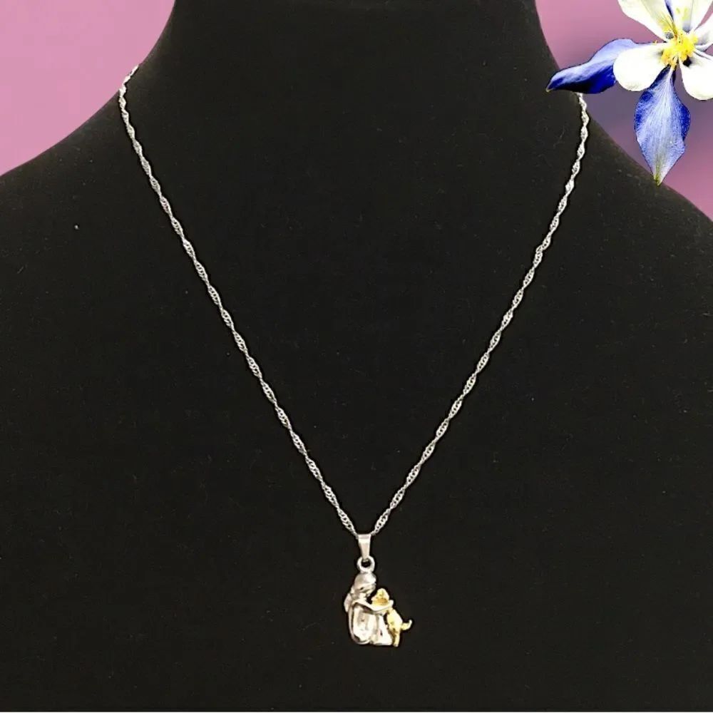 GIRL AND DOG FOR PET LOVER SILVER 925 TWO TONE SILVER/GOLD CHAIN NECKLACE